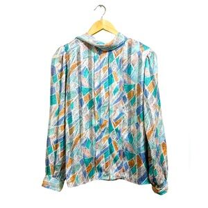 Vintage Nicola Pastel Geometric Pattern Pleated Long Sleeved Blouse, Size 8